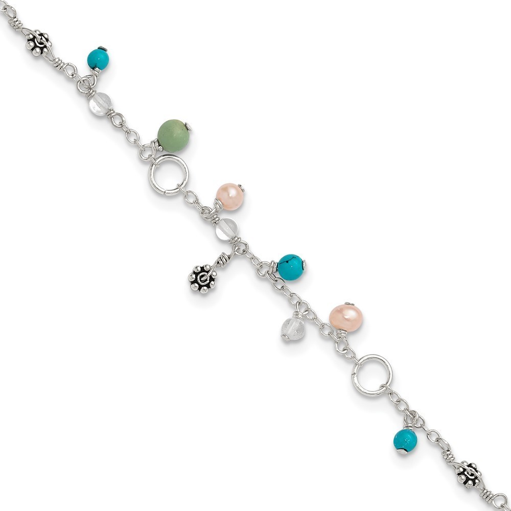 925 Sterling Silver Turquoise/Clear Bead/FW Cultured Pearl 9" Anklet